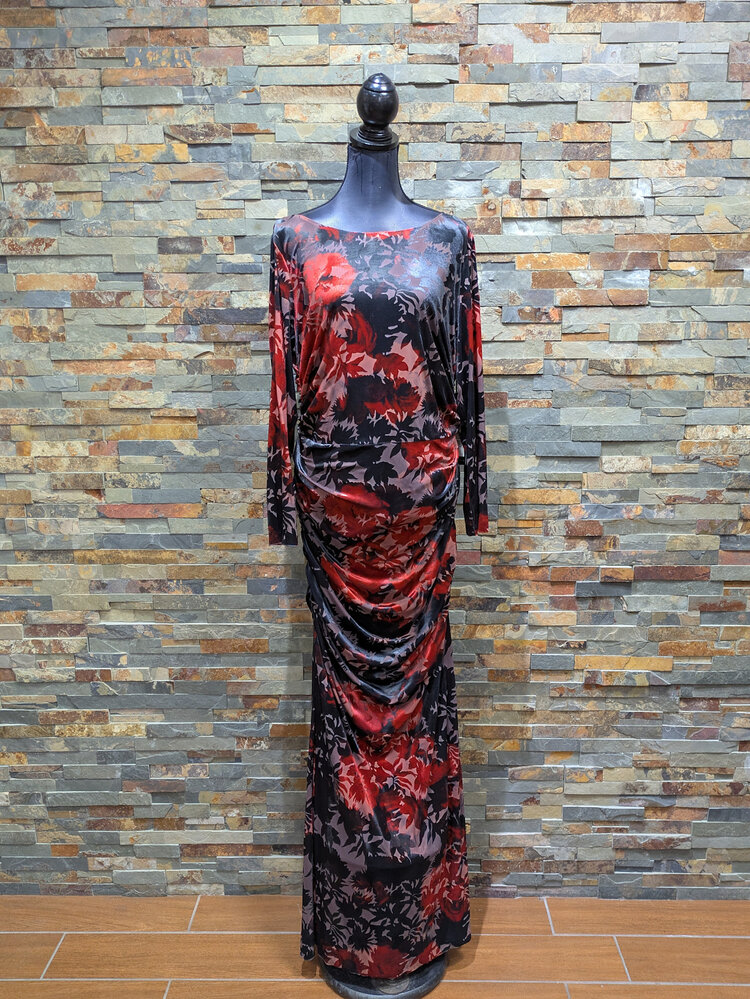 Adrianna Papell Black & Red Velvet Ruched Maxi Gown, Size 16W