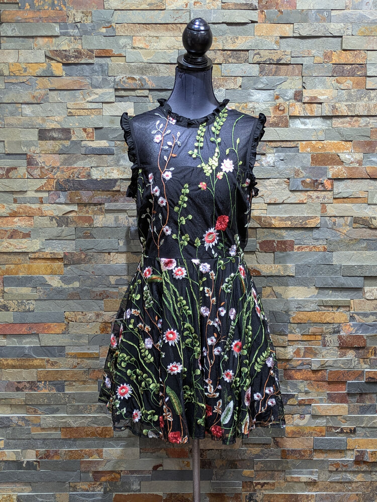 City Chic Black Floral Embroidered Fit & Flare Dress Size 13