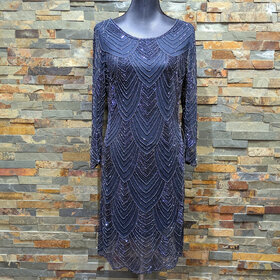 Pisarro Nights Navy Blue Beaded Art Deco Dress, Size 8