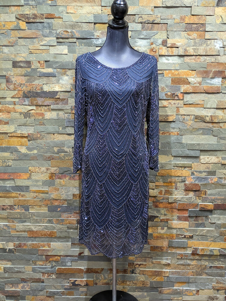 Pisarro Nights Navy Blue Beaded Art Deco Dress, Size 8