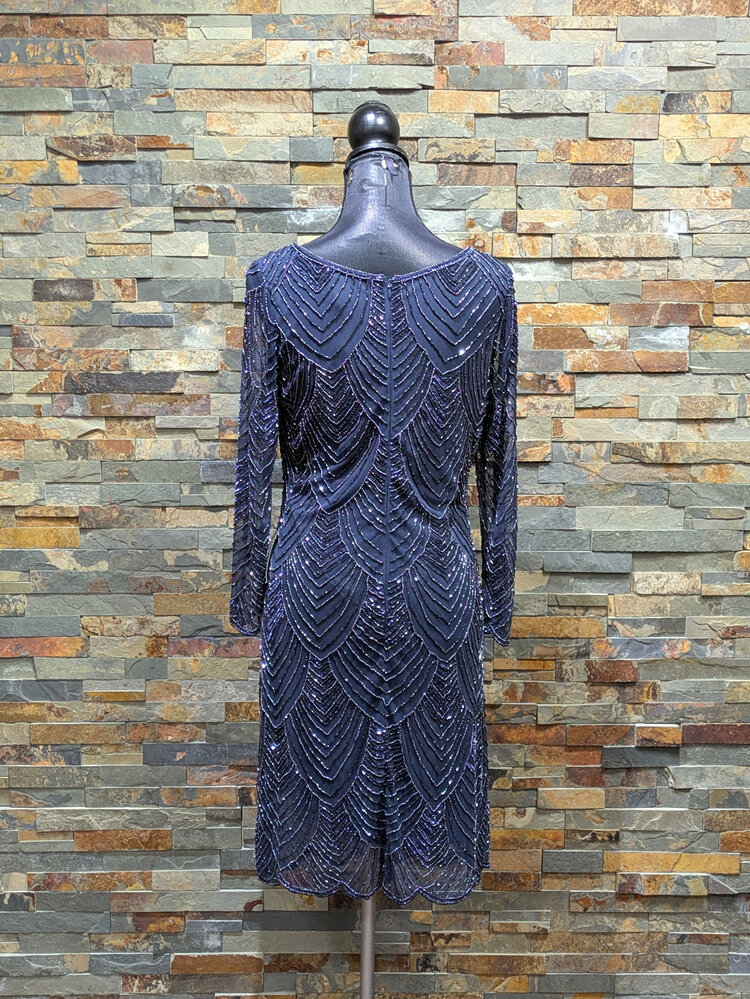 Pisarro Nights Navy Blue Beaded Art Deco Dress, Size 8