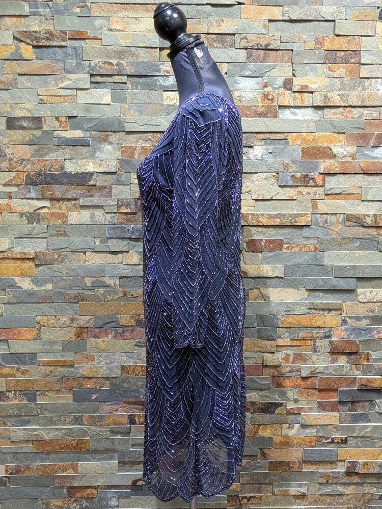 Pisarro Nights Navy Blue Beaded Art Deco Dress, Size 8