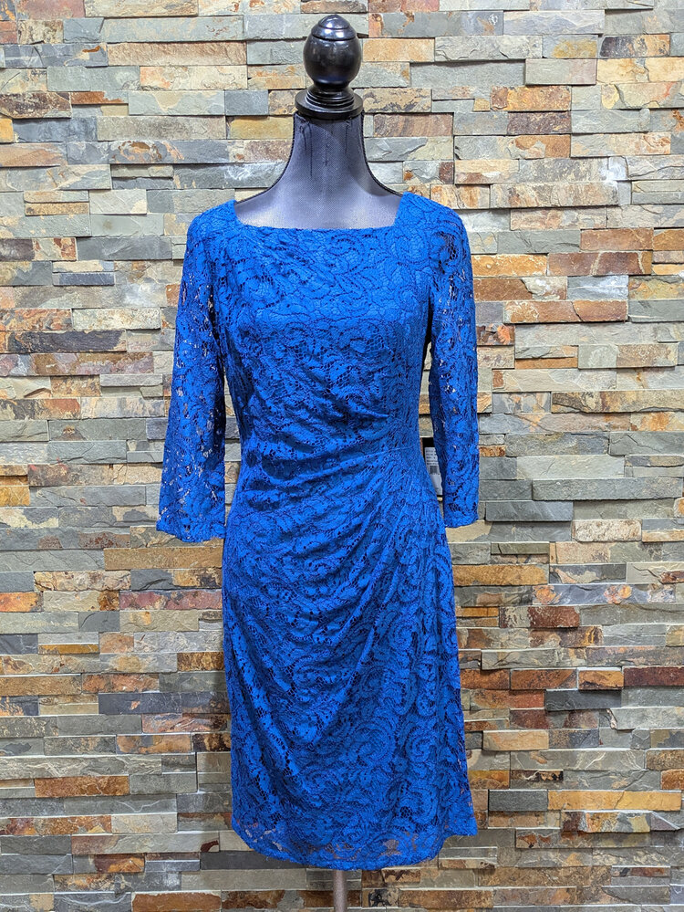 Adrianna Papell Blue Lace Sleeved Dress, Size 8