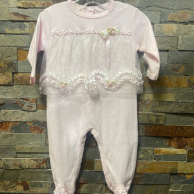 Pink  Footie with Lace Mesh Overlay, Size 6M