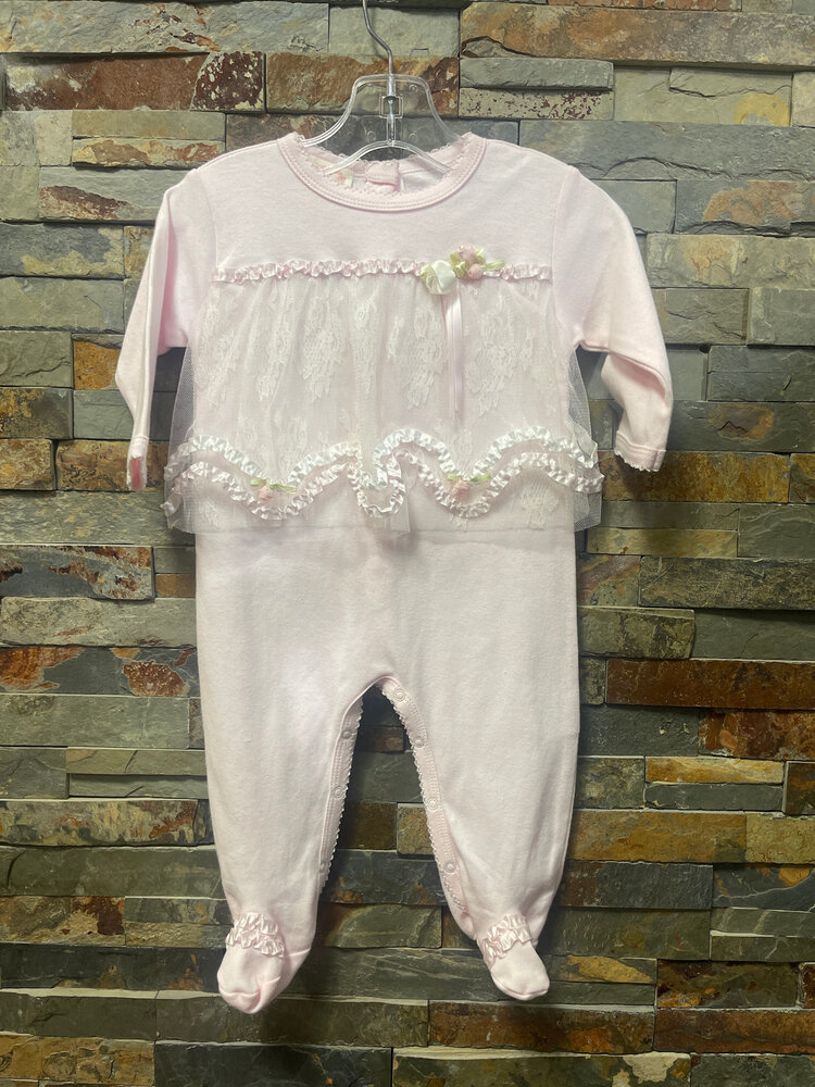 Pink  Footie with Lace Mesh Overlay, Size 6M