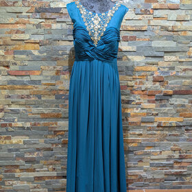 Decode 1.8 Teal Sheer Sleeve Bejeweled V-Neck Gown, Size 16