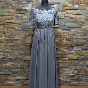 Gray Sequin Gown w/ Sheer Cap Sleeves, Size 14
