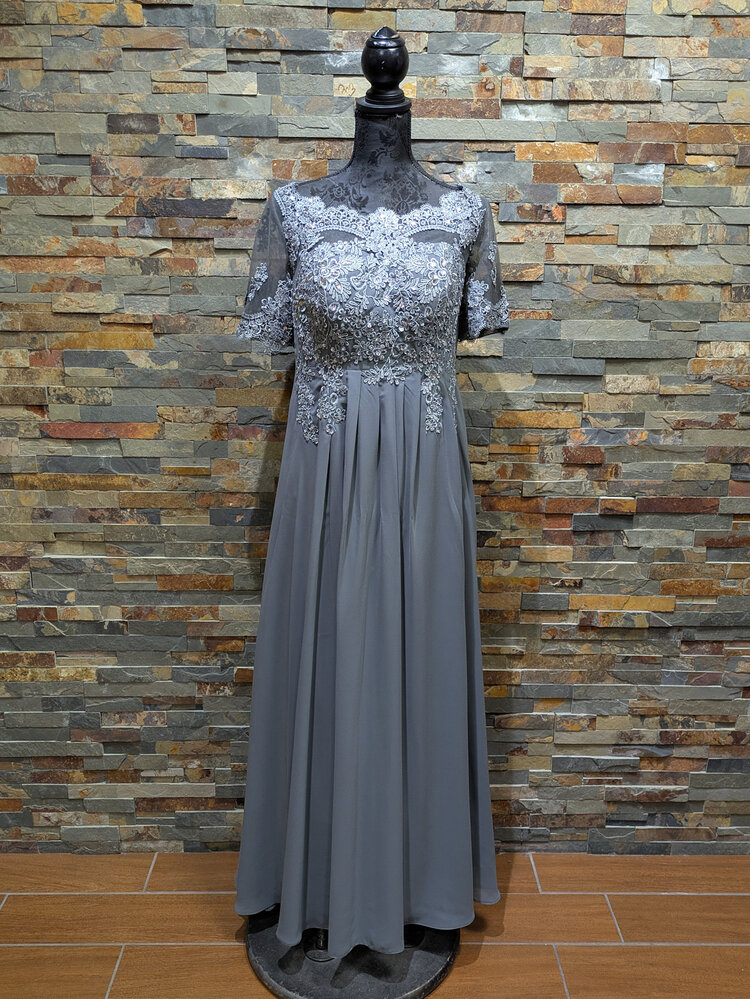 Gray Sequin Gown w/ Sheer Cap Sleeves, Size 14
