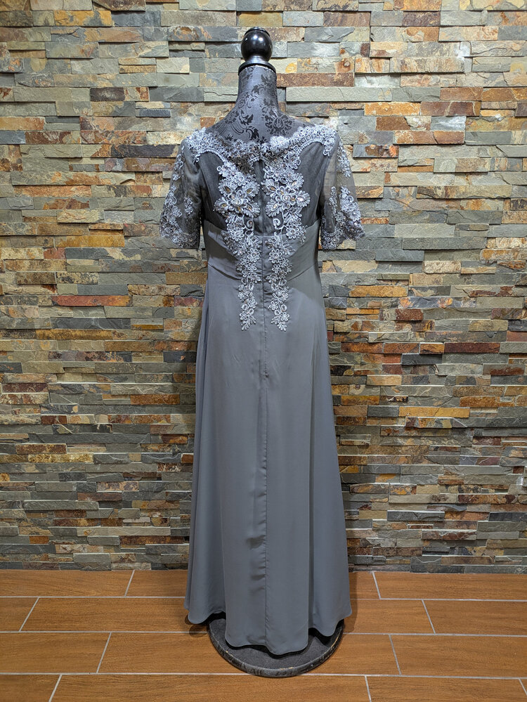 Gray Sequin Gown w/ Sheer Cap Sleeves, Size 14