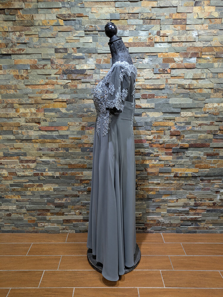 Gray Sequin Gown w/ Sheer Cap Sleeves, Size 14