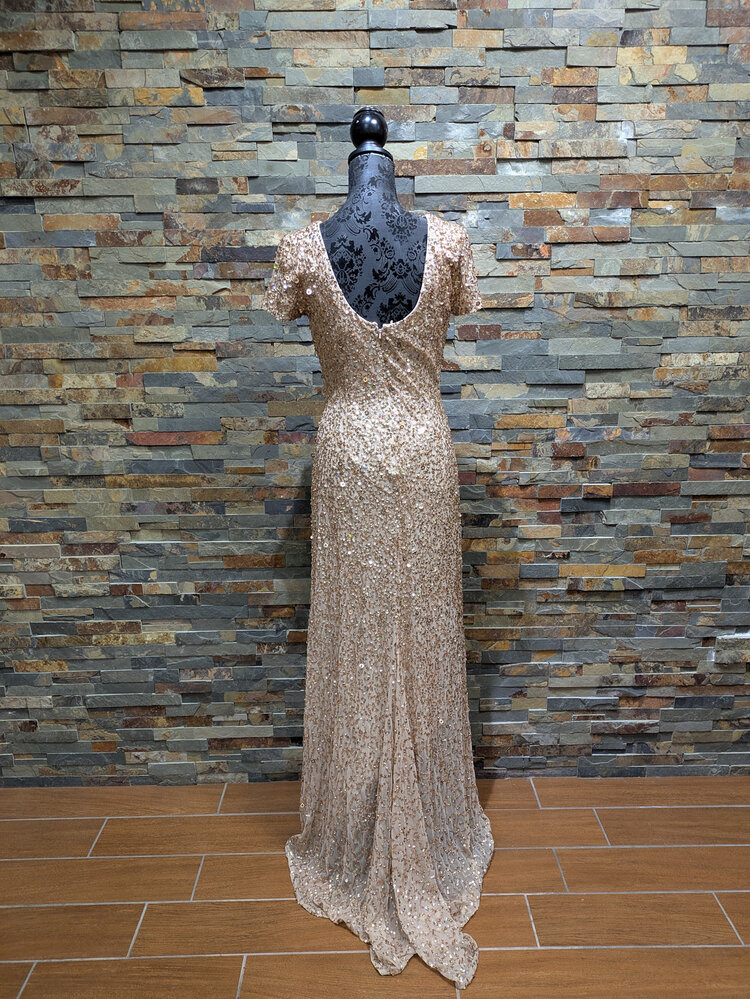 Adrianna Papell Gold Cap Sleeve Sequin Gown, Size 8