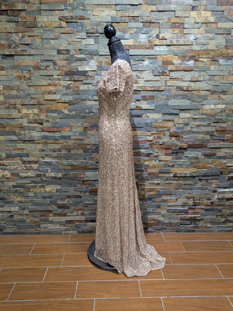 Adrianna Papell Gold Cap Sleeve Sequin Gown, Size 8