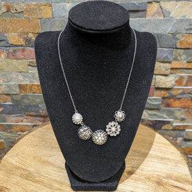 Silver Floral Necklace with Pearl Accents