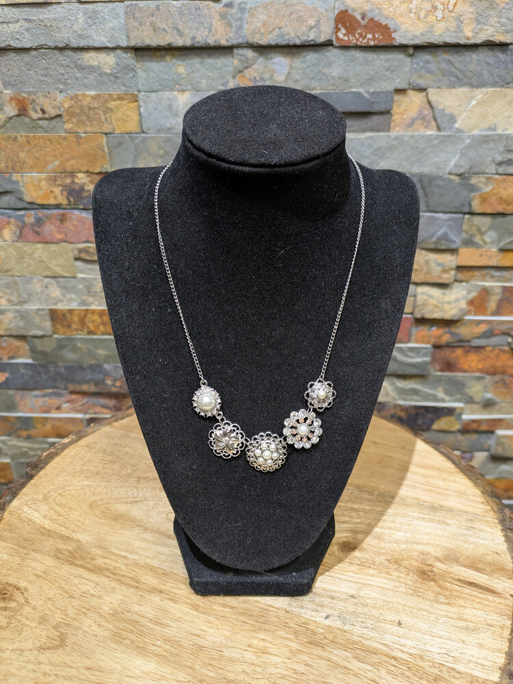 Silver Floral Necklace with Pearl Accents