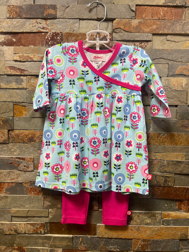 Light Blue Floral Dress with Hot Pink Leggings, Size 6M