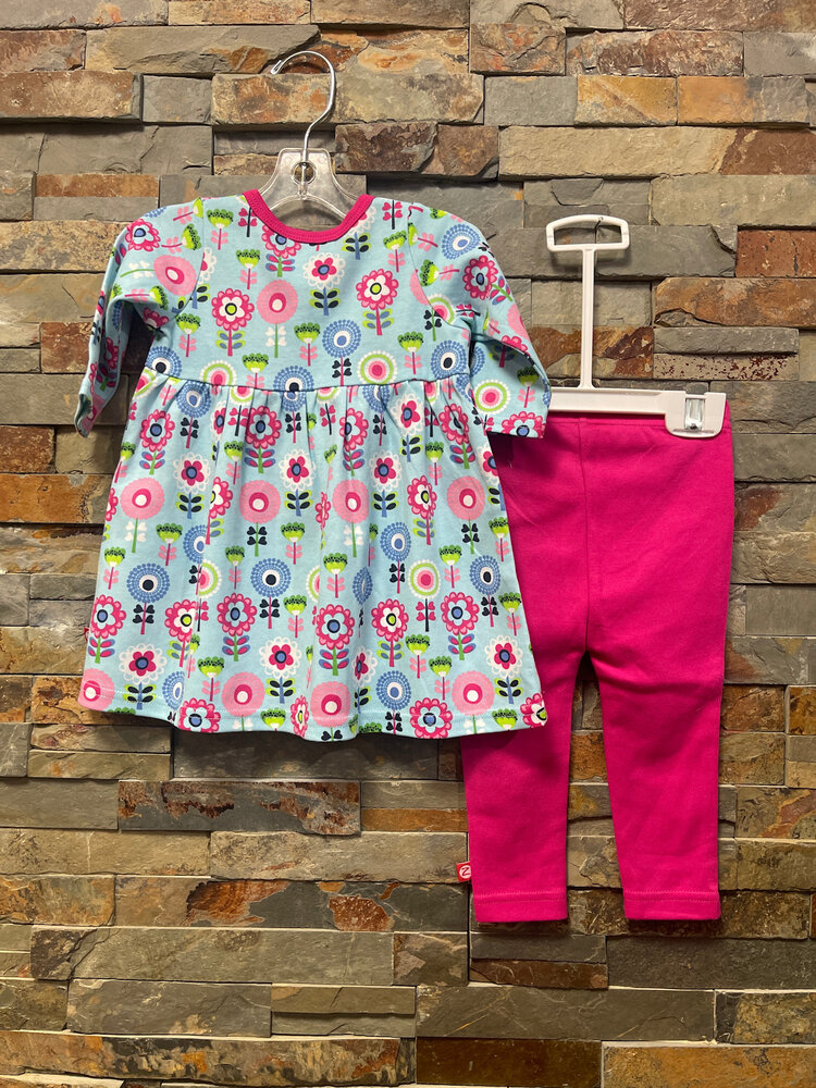 Light Blue Floral Dress with Hot Pink Leggings, Size 6M