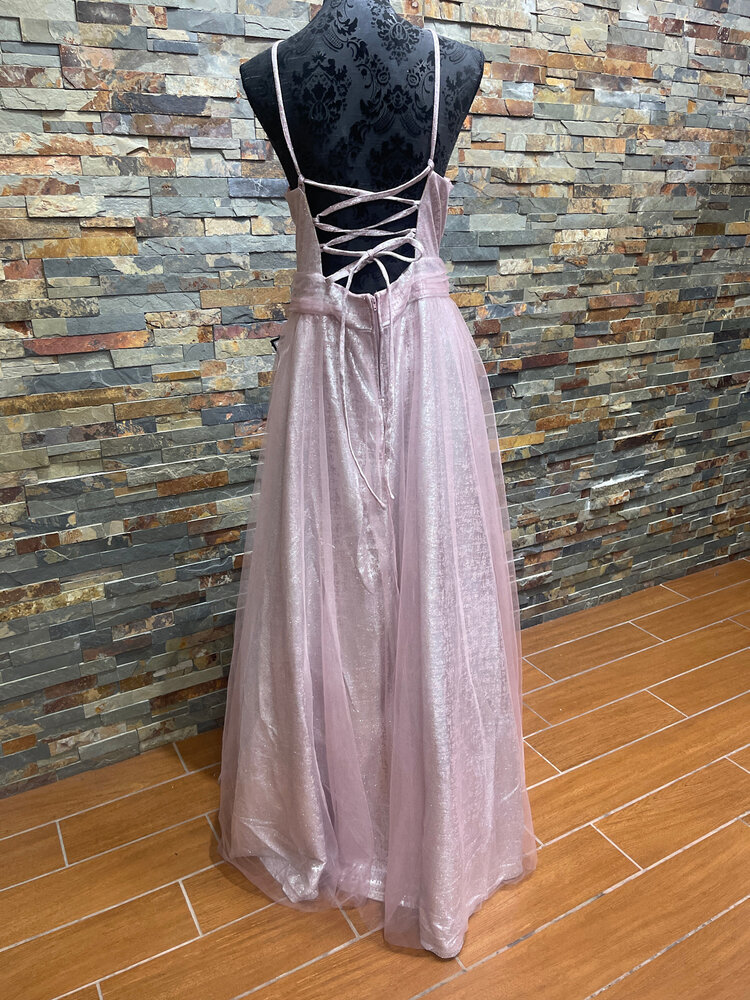 City Studio Pink Tulle Overlay with Silver & Pink Lace-Up Gown, Size 22W