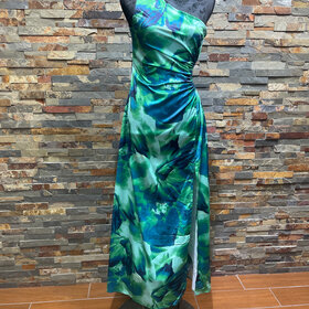 Green One  Shoulder Maxi Leaf Print Dress, Size M