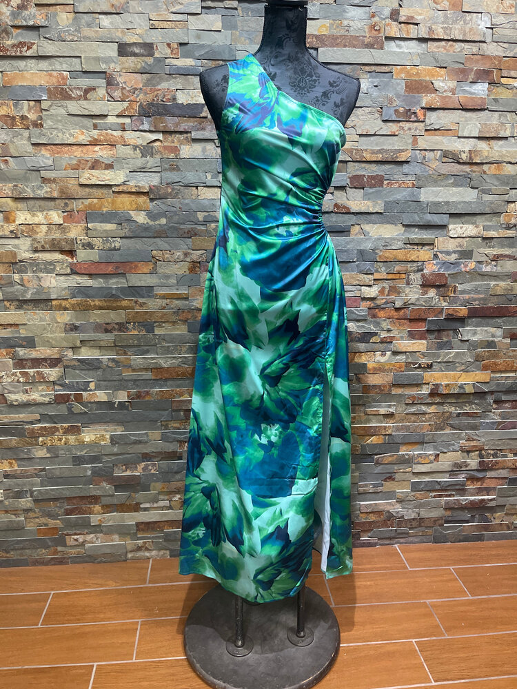 Green One  Shoulder Maxi Leaf Print Dress, Size M