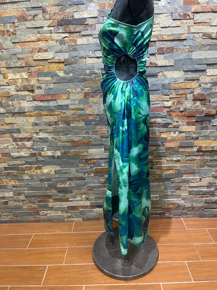 Green One  Shoulder Maxi Leaf Print Dress, Size M