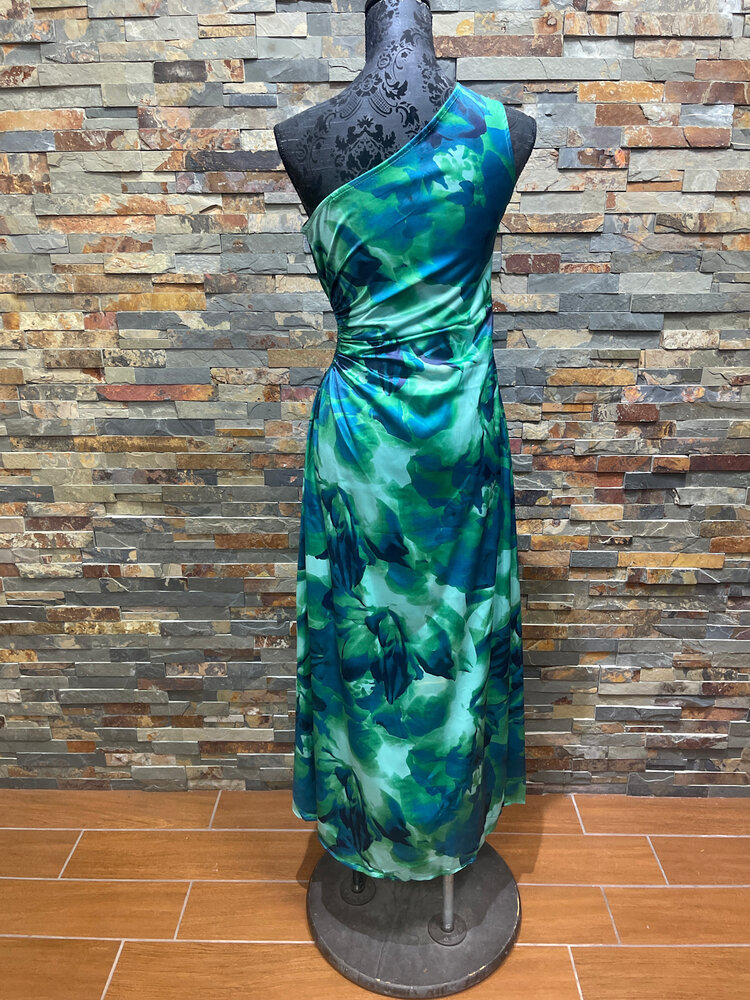 Green One  Shoulder Maxi Leaf Print Dress, Size M