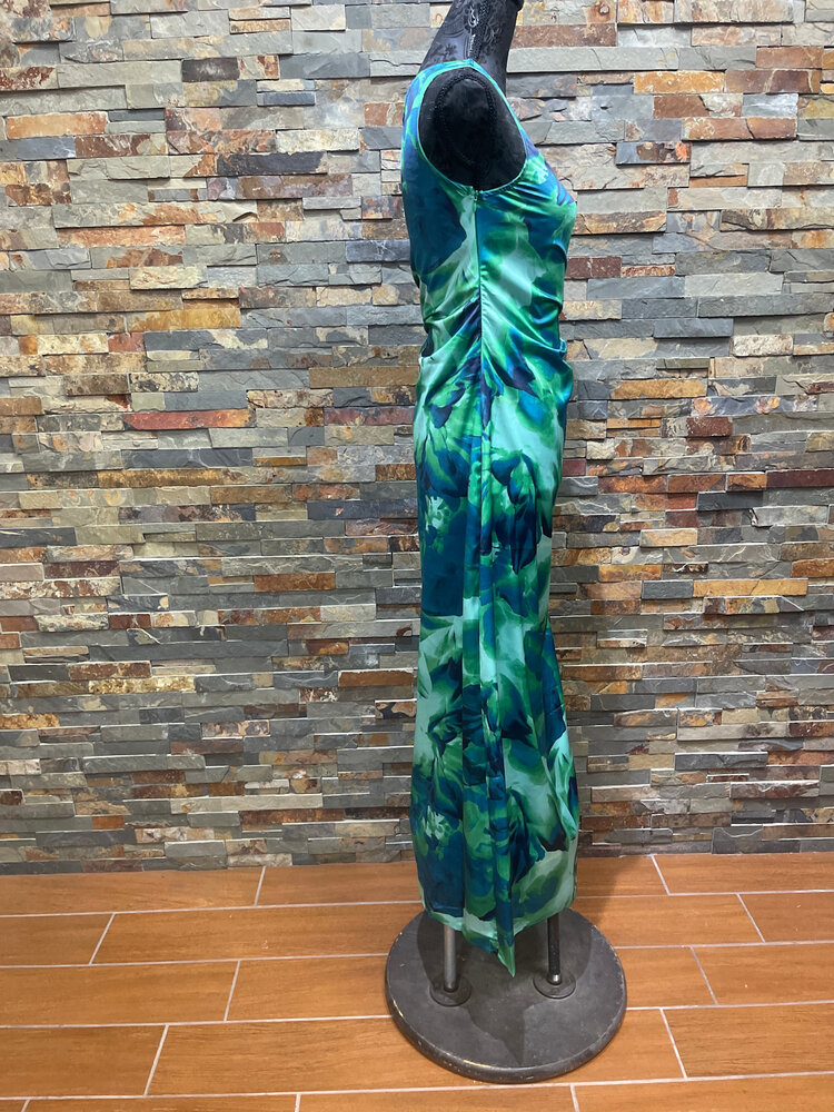 Green One  Shoulder Maxi Leaf Print Dress, Size M