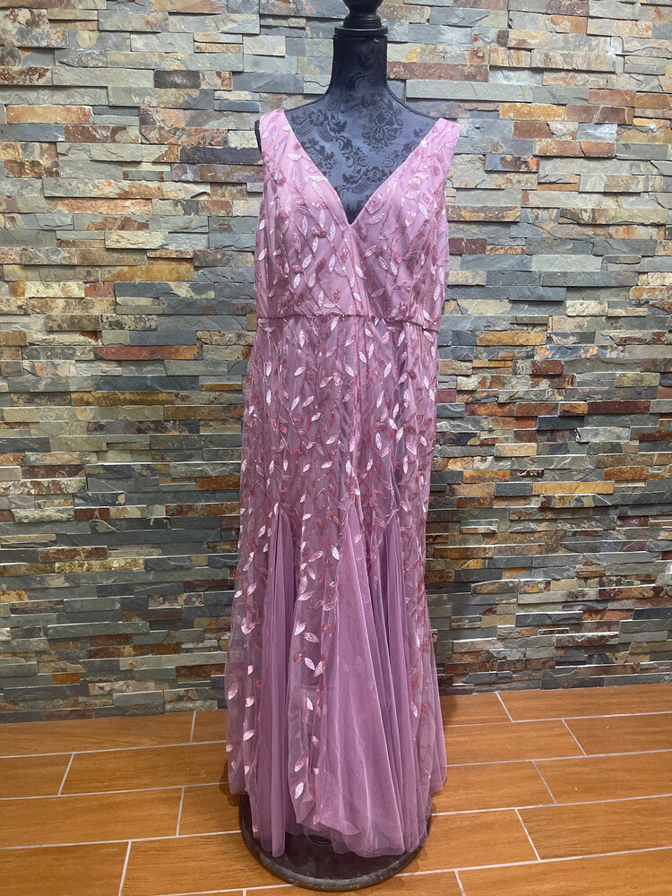 Ever Pretty Pink Rose V Neck Sequin Leaf Pattern Gown, Size 22
