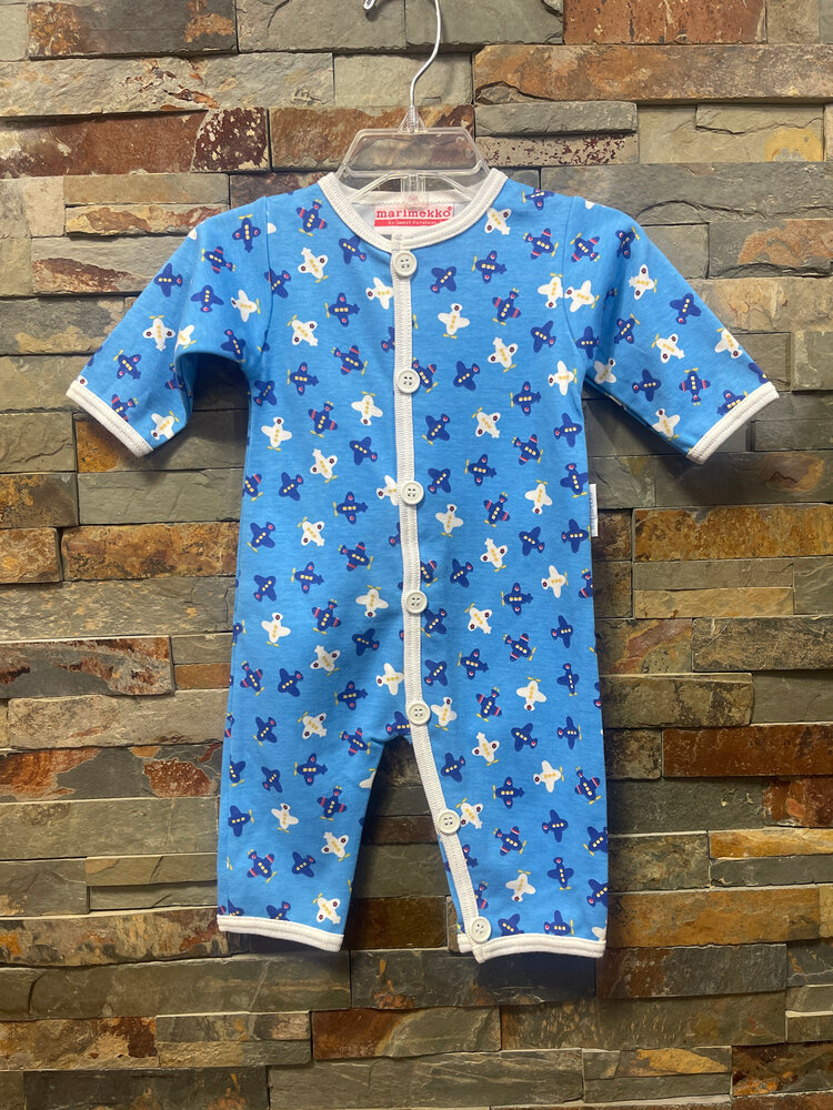Blue Jumpsuit with Airplane Print, Size 3M