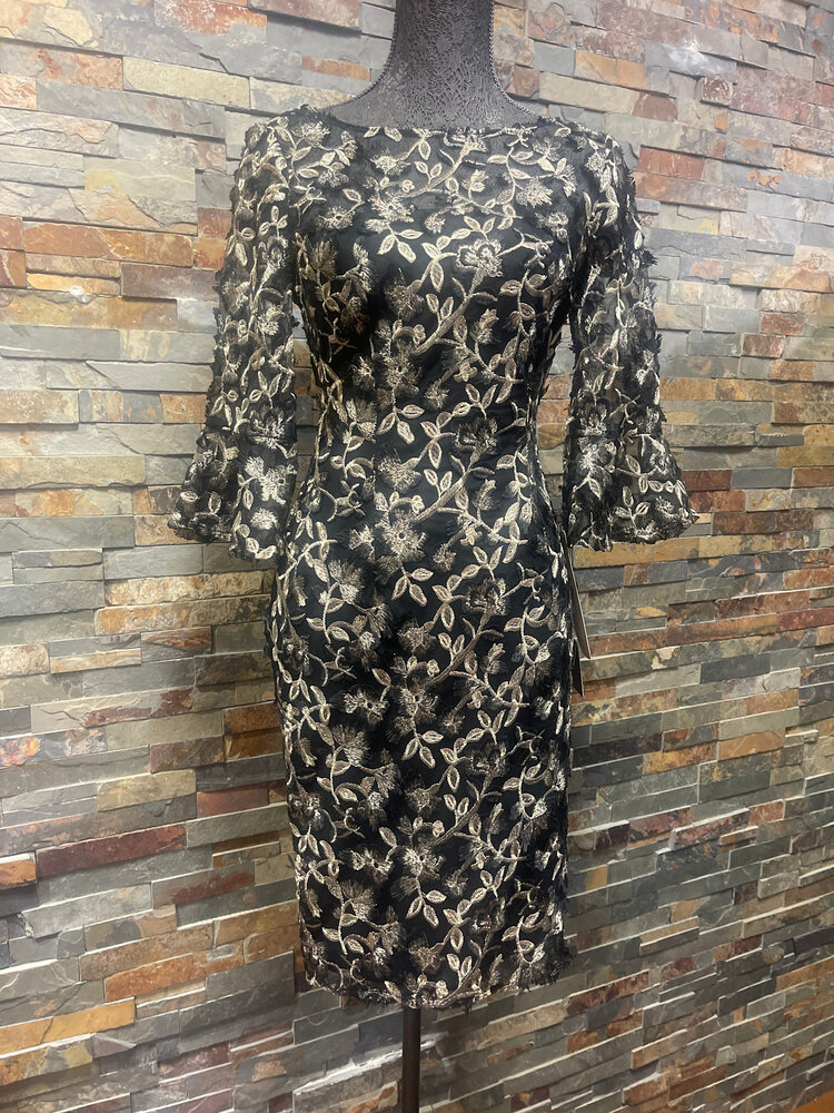 Adrianna Papell Black and Gold Metallic Embroidered Sheath Dress, Size 4
