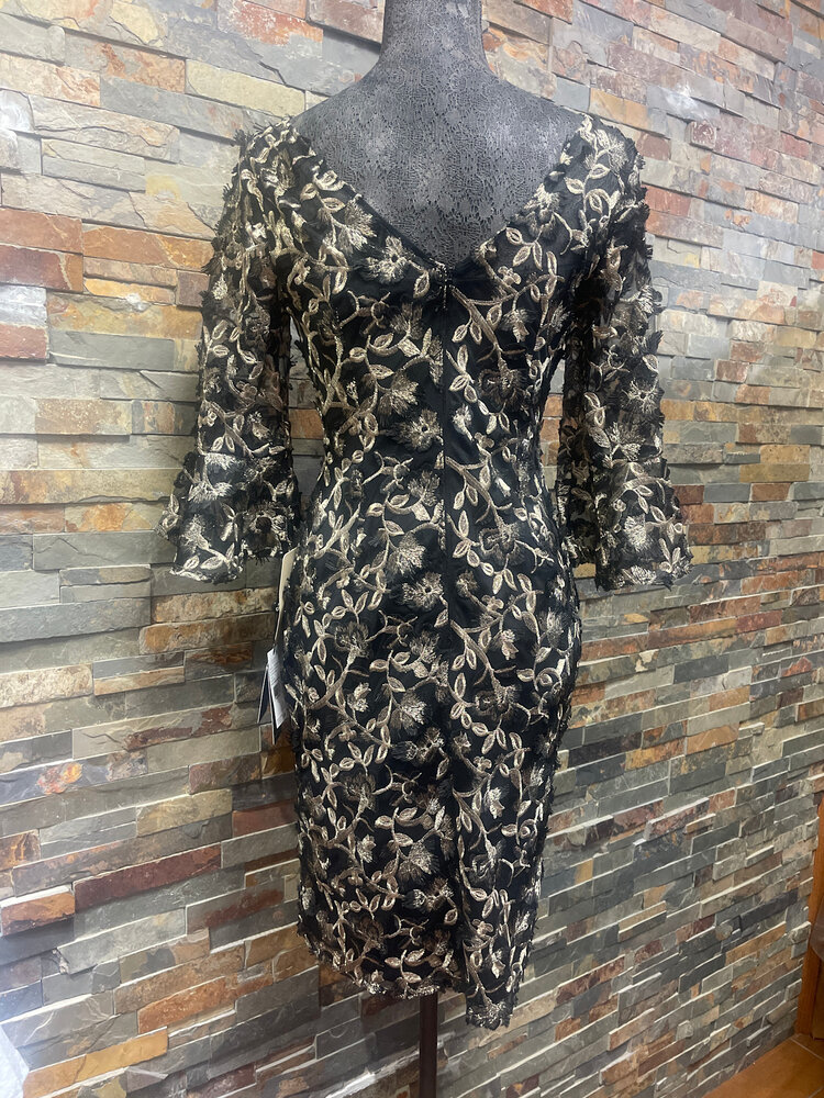 Adrianna Papell Black and Gold Metallic Embroidered Sheath Dress, Size 4