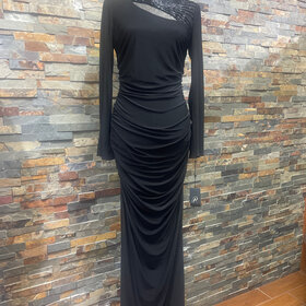 Adrianna Papell Black Ruched Gown with Beaded Top Detail, Size 8