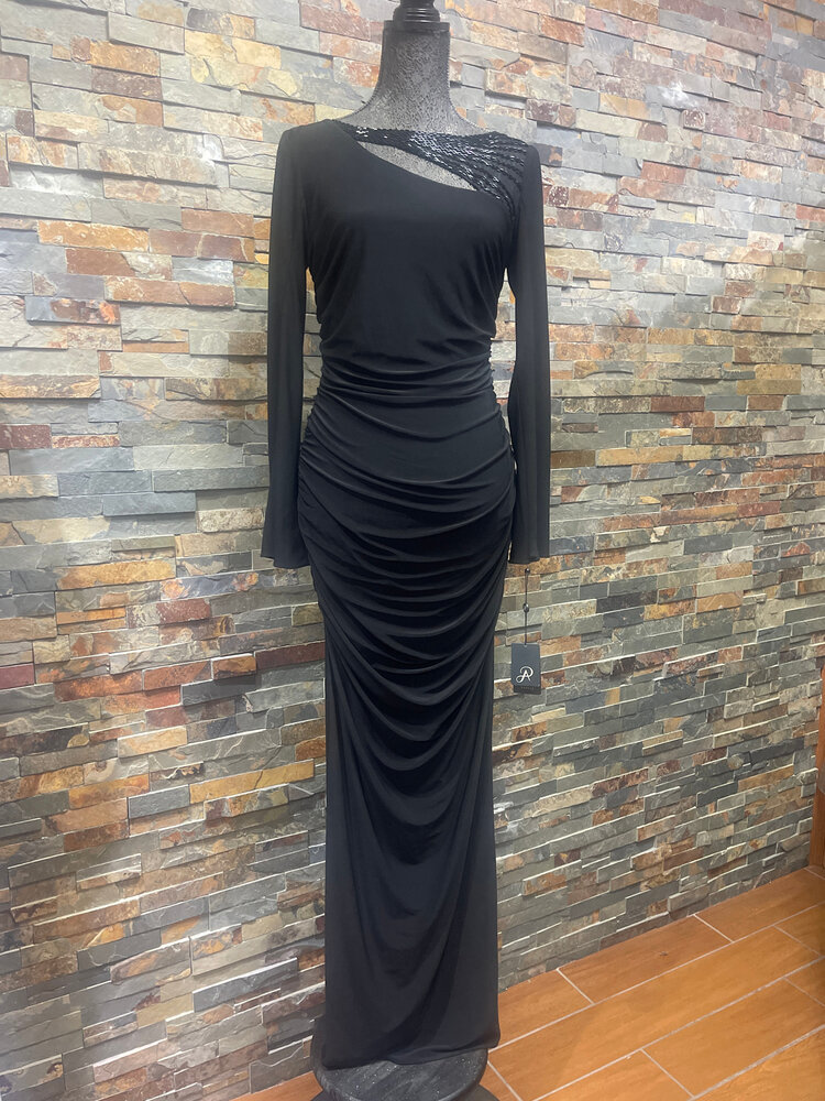Adrianna Papell Black Ruched Gown with Beaded Top Detail, Size 8