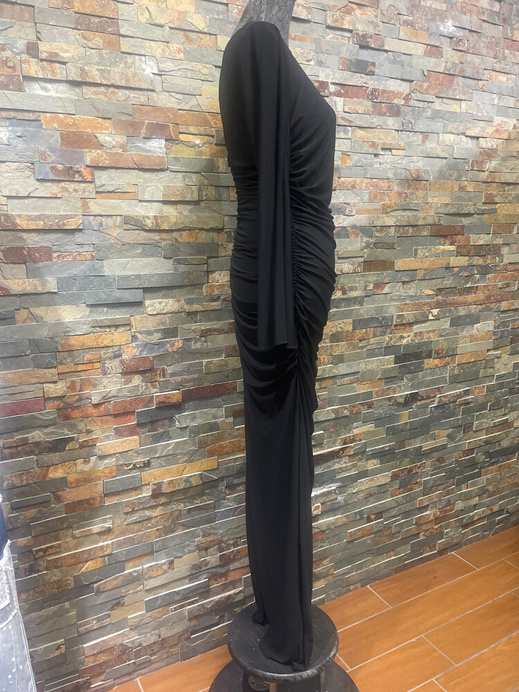 Adrianna Papell Black Ruched Gown with Beaded Top Detail, Size 8