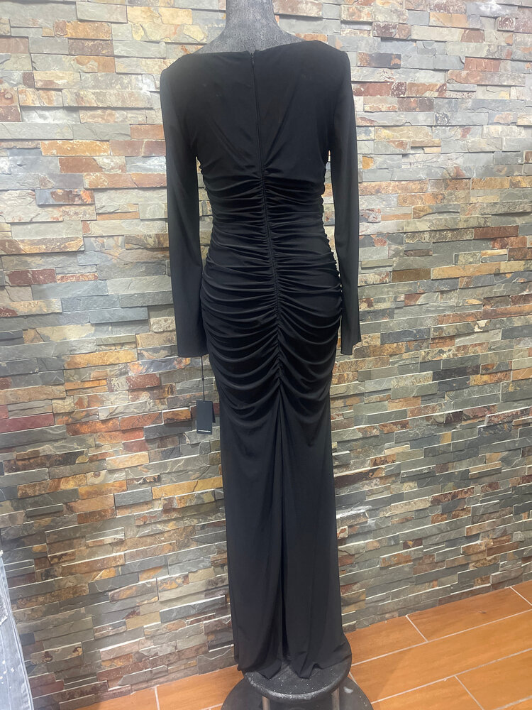 Adrianna Papell Black Ruched Gown with Beaded Top Detail, Size 8