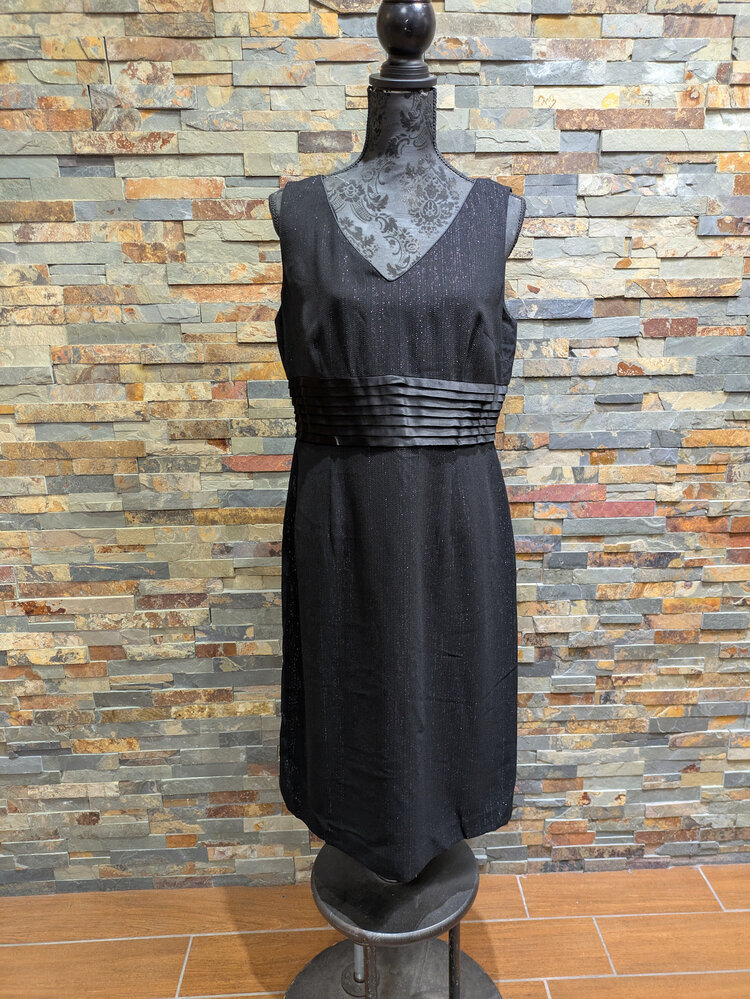 Adrianna Papell Black Sparkle Dress with Satin Cumberbund Waist, Size 12