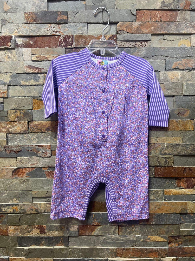 Purple Flowered and Striped Romper, Size 6-9M