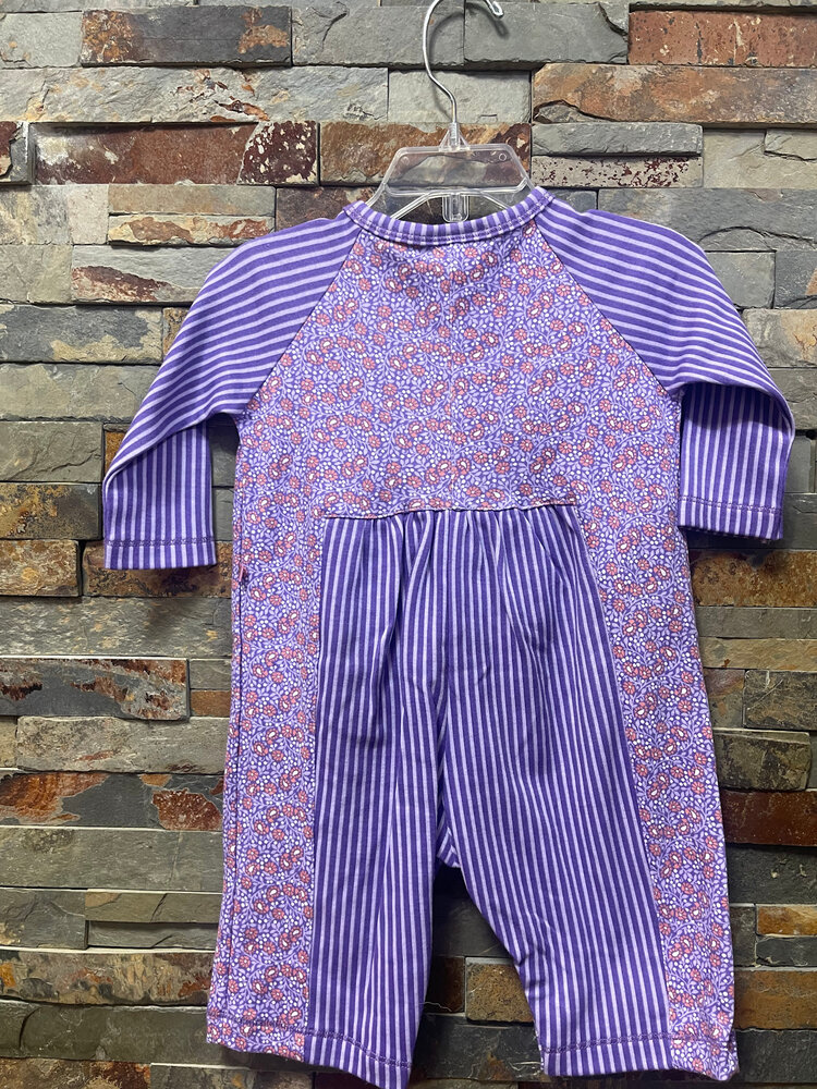 Purple Flowered and Striped Romper, Size 6-9M