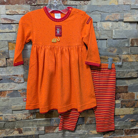 Orange Print Dress with Striped Leggings Set, Size 3-6M