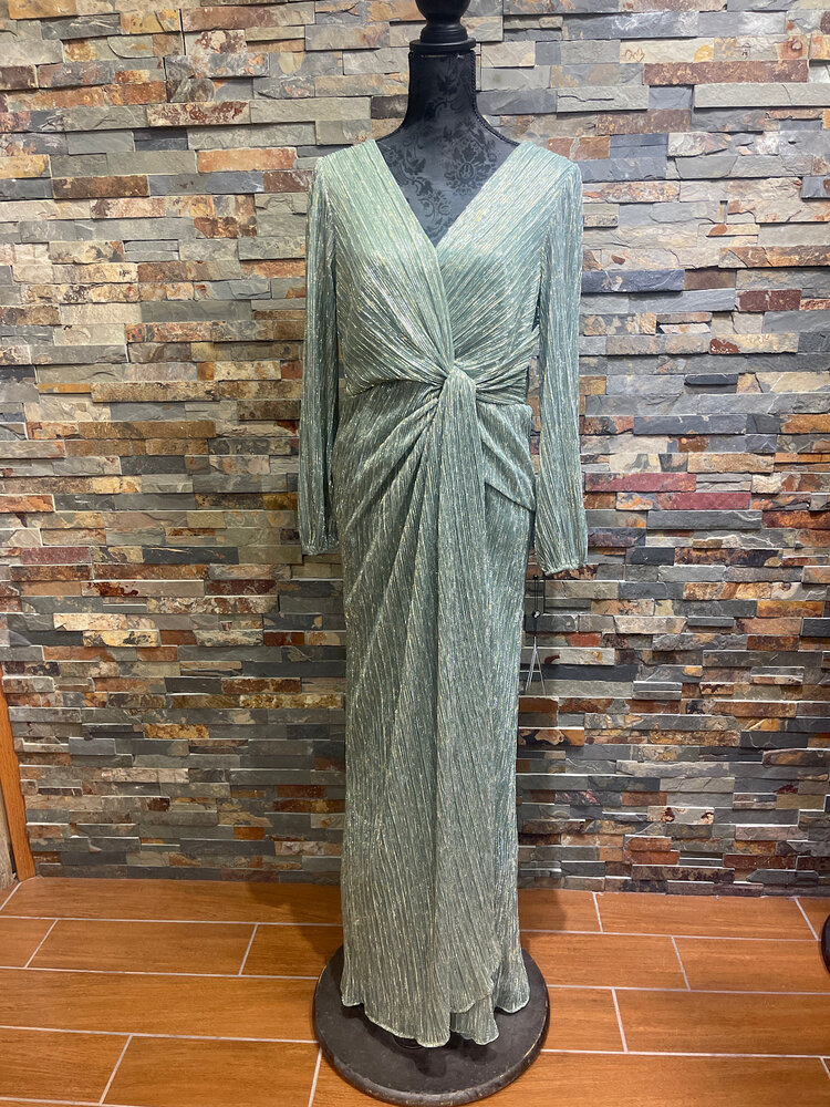 Adrianna Papell Green Slate Metallic Mesh Draped Gown, Size 14