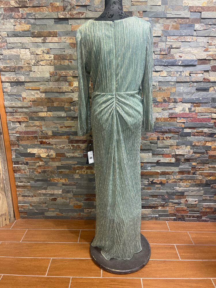 Adrianna Papell Green Slate Metallic Mesh Draped Gown, Size 14