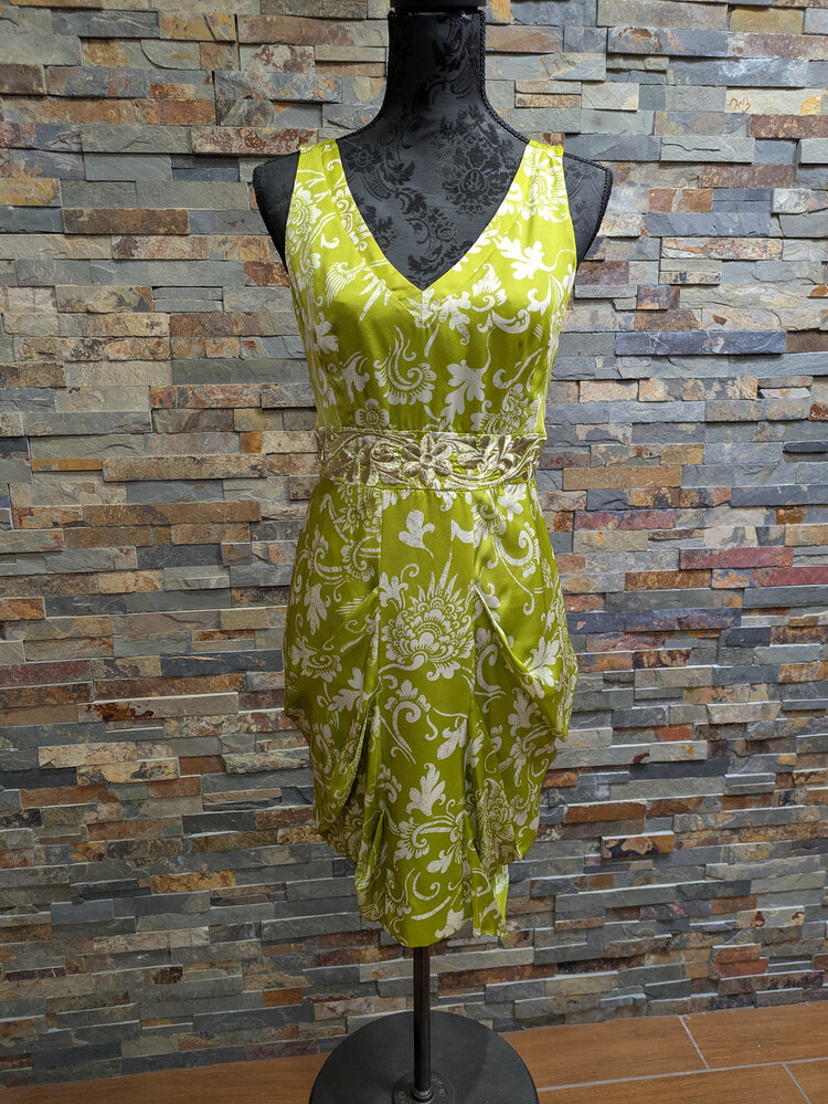 Lime/White Floral Pleated Pencil Dress, Size S