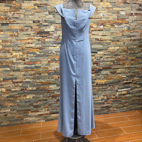 Dessy Collection Larkspur Blue Notched Off Shoulder Slit Crepe Gown, Size 12