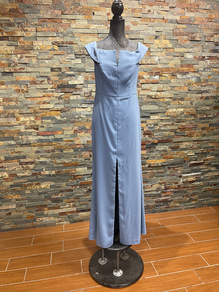 Dessy Collection Larkspur Blue Notched Off Shoulder Slit Crepe Gown, Size 12