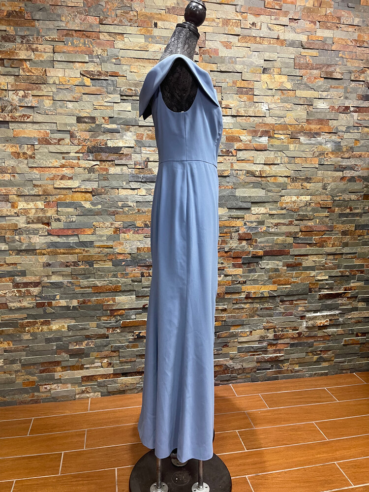 Dessy Collection Larkspur Blue Notched Off Shoulder Slit Crepe Gown, Size 12