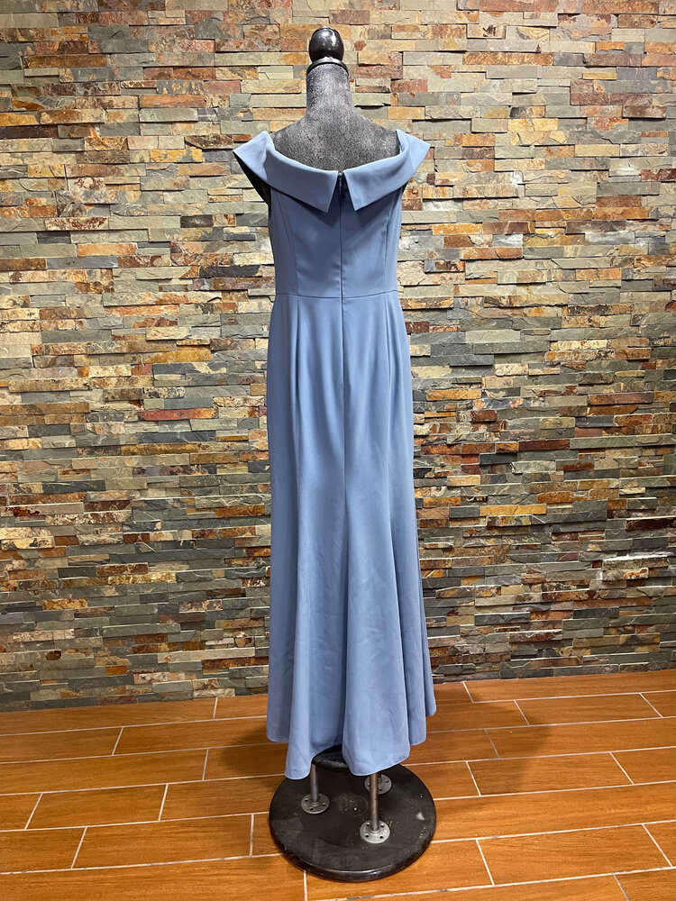Dessy Collection Larkspur Blue Notched Off Shoulder Slit Crepe Gown, Size 12