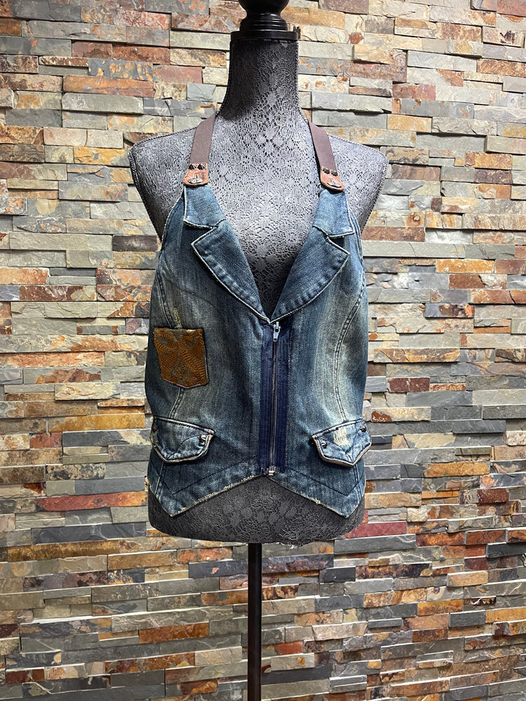 Double D Ranch Double D Ranch Denim and Leather Zip Up Vest