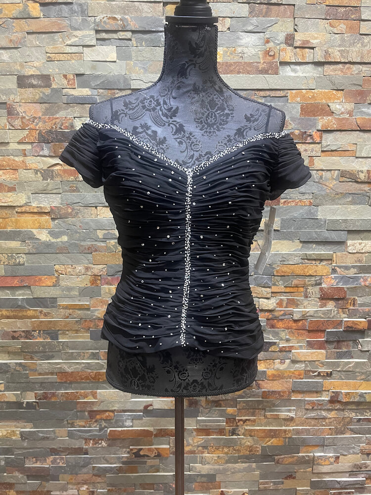 Cachet Black Ruched V-Neck Top with Sparkle Embellishments, Size 8