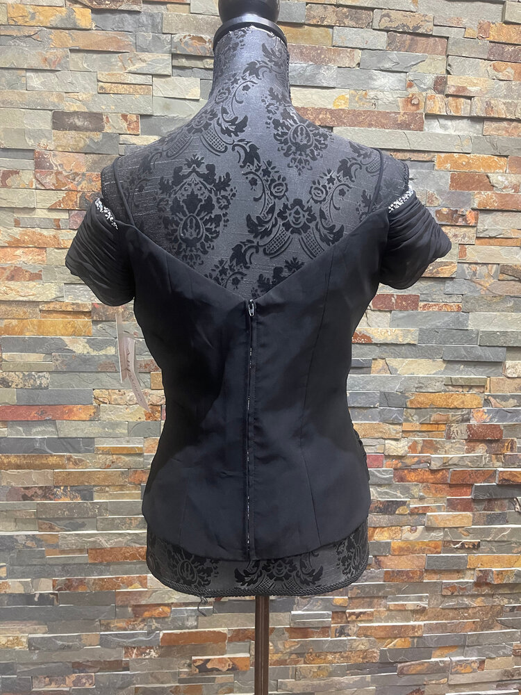 Cachet Black Ruched V-Neck Top with Sparkle Embellishments, Size 8