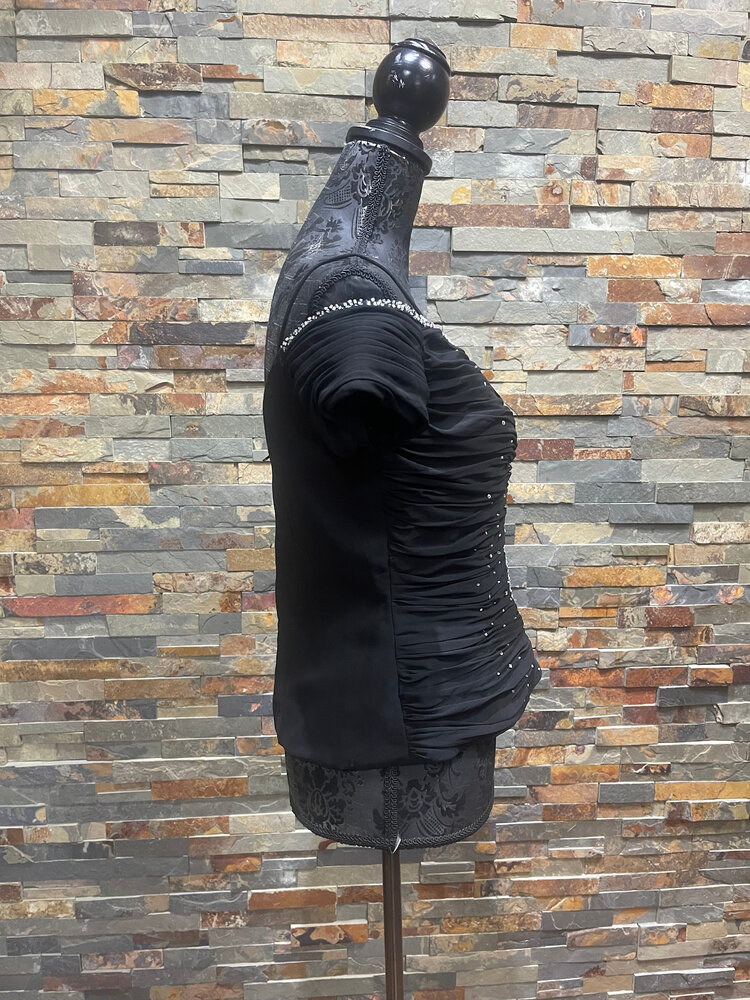 Cachet Black Ruched V-Neck Top with Sparkle Embellishments, Size 8