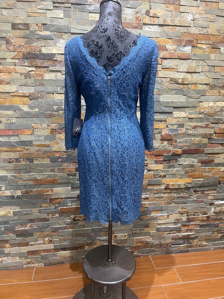 Adrianna Papell Stone Blue Long Sleeve Lace Dress, Size 6